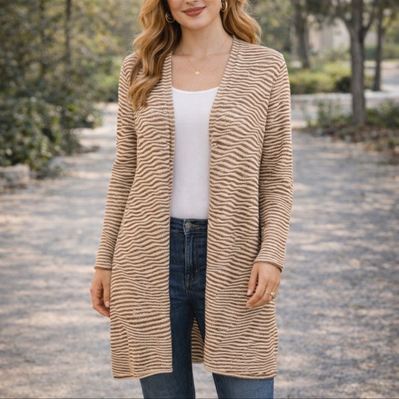 Chico's Sweaters - Gold Metallic & Cream Stripped Open Sweater Cardigan Duster